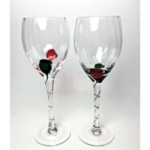 2 Pier 1 Christmas Ribbon Wine Glasses Green & Red Color Drop Spiral Stem Vtg